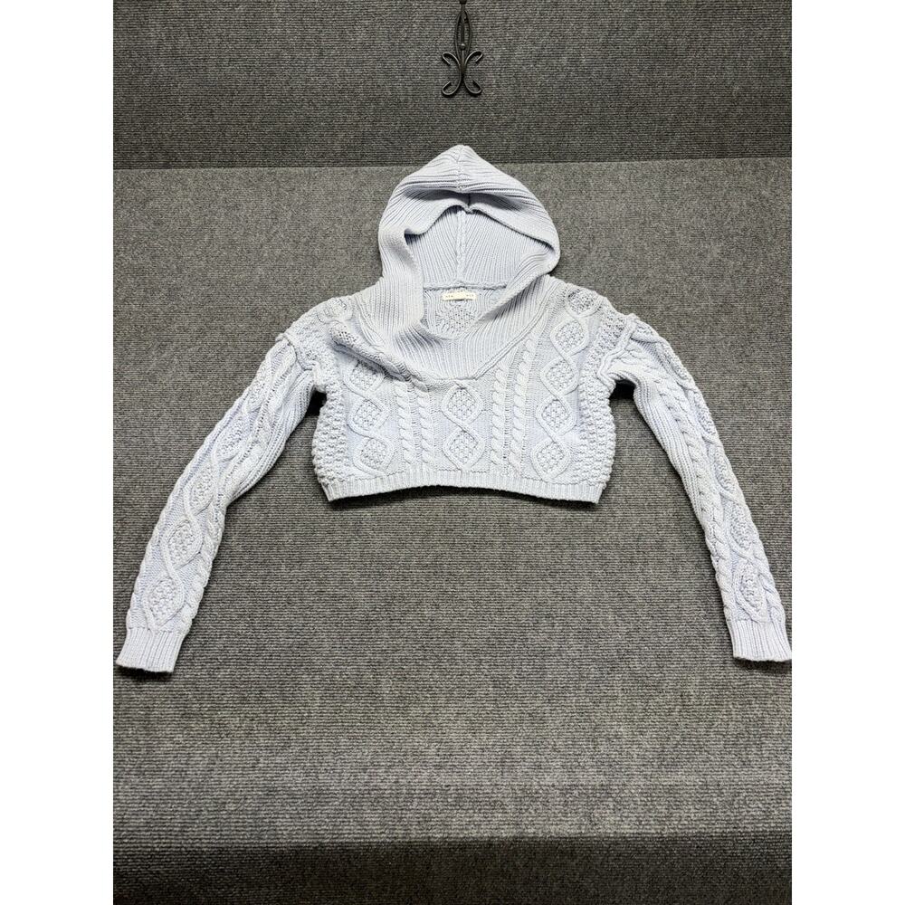 Y2K Aéropostale Cable Knit Cropped Hoodie Sweater Womens Small Blue Cotton Blend